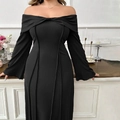 Elegante zwarte midi-jurk met blote schouders en lange mouwen voor dames met een maatje meer - 1XL / Zwart