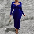 Elegante abito midi in velluto blu profondo con scollatura cut-out e lacci incrociati - 1XL / Blu