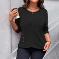 Women's black rib-knit long sleeve T-shirt with decorative buttons and tulip hem - 1XL / Black