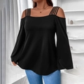 Black cold-shoulder long sleeve top for women featuring multi-strap detail and loose fit - 1XL / Black