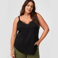 Plus size black camisole for women with delicate lace V-neck and curved hemline - 1XL / Black