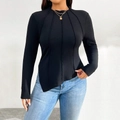 Slim fit black long sleeve top for women with asymmetric hem and vertical stitching - 1XL / Black