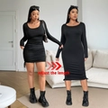 Slim fit black long sleeve dress with adjustable side drawstring for custom length - 1XL / Black