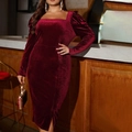 Elegantes bordeauxrotes Samt-Midikleid mit Karree-Ausschnitt und Puffärmeln für den Abend - 1XL / Burgunderrot