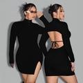 Slim fit black long sleeve dress with elegant high neck and sexy open back lace-up detail - 1XL / Black