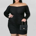 Slim fit black off-shoulder long sleeve mini dress with ruched bodycon details - 1XL / Black