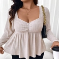Elegant beige ribbed long sleeve top with sweetheart neckline and ruched detail - 1XL / Apricot