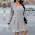 Elegant grey ribbed knit dress with square neckline and decorative wooden buttons - 1XL / Gray