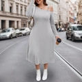 Light gray knit midi dress with chain strap and asymmetric off-shoulder design - 1XL / Gray