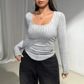 Slim fit grey long sleeve square neck ribbed knit top for women with curved hem - 1XL / Gray