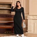 Slim fit black long sleeve maxi dress with V-neckline in a ribbed knit stretch fabric - 1XL / Black