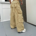 Pantalones cargo caqui para mujer con bolsillos múltiples y cintas largas decorativas - 1XL / Caqui