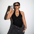 Sexy schwarzes Halter-Top mit V-Ausschnitt, Knotendetail vorne und spitzem Saum-Design - 1XL / Schwarz