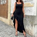 Elegant black sleeveless plus size dress with asymmetric ruffled hem and high waist - 1XL / Black