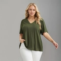 Relaxed fit olive green V-neck short sleeve T-shirt for women in casual summer style - 1XL / Olive Green