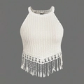 Top corto de punto blanco con cuello halter, ribete de encaje y detalles de flecos largos - 1XL / Blanco