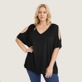 Women's black V-neck cold-shoulder top in a loose plus-size fit with short sleeves - 1XL / Black