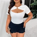 Slim fit white short sleeve top with cutout neckline and gold metal ring detail - 3XL / White