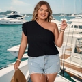 Plus size off-shoulder black top with ruffles and ripped blue denim shorts for summer - 1XL / Black