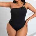 Plus size black one-shoulder bodysuit with elegant gold ring detail and waist shaping - 1XL / Black