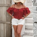 Top rosso con spalle scoperte, stampa a cuori, maniche a volant e coulisse sul seno - 1XL / Rosso