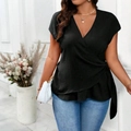 Women's black V-neck wrap top with short sleeves and textured fabric in casual style - 1XL / Black