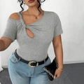 Graues kurzes T-Shirt mit Knotendetail und asymmetrischem Ausschnitt für Damen - 1XL / Gemischt Grau