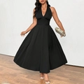 Elegant black halter V-neck midi dress with a cinched waist and retro A-line skirt - 1XL / Black