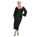 Elegante abito attillato in raso nero con scollo quadrato e lunghe maniche a campana - 1XL / Nero