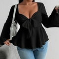 Slim fit black ribbed sweetheart neck top with bow tie and flare sleeves - 1XL / Black