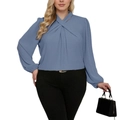 Elegant dusty blue long-sleeved shirt with pleated cross neckline and lantern sleeves - 1XL / Blue