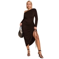 Elegant black one-shoulder long sleeve dress with side ruching and a high slit detail - 3XL / Dark Brown