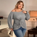 Slim fit grey off-the-shoulder long sleeve top with metal buckle and front twist detail - 3XL / Gray
