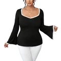 Elegant black knit top with white contrast piping and retro flared bell sleeves - 1XL / Black