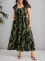 Olijfgroene midi-jurk voor grote maten met bloemenprint, V-hals en trekkoord in de taille - 3XL / Groen