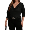 Elegant black long-sleeve knit top featuring a deep V-neck cowl collar and slim fit - 1XL