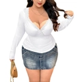 Weißes Langarmshirt in Übergröße mit V-Ausschnitt und Spitze für mollige Damen - 1XL / Weiß