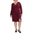 Elegant wine red V-neck long sleeve dress with ruffle detail and side slit design - 1XL / Wine Red
