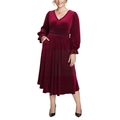 Elegante wijnrode fluwelen midi-jurk met V-hals, lange ruchesmouwen en hoge taille - 3XL / Bordeauxrood