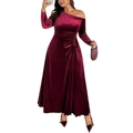 Elegant burgundy velvet dress with one-shoulder long sleeve and gathered waist design - 1XL / Burgundy