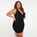Sexy zwarte halter bodycon jurk met zijdelingse trekkoorden en geplooide details voor feesten - 3XL / Zwart