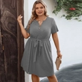Short sleeve gray V-neck dress with button details and adjustable waist belt for women - 3XL / Gray