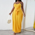Elegant slim-fit yellow knit maxi dress with a waist tie belt for a summer vacation look - 3XL / Yellow