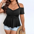 Detail of black peplum top showing sweetheart neckline, halter straps, and ruched bodice - 3XL / Black