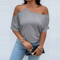 Detail of grey cold-shoulder top showing asymmetrical neckline and soft knit texture - 3XL / Gray