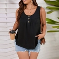 Plus size black sleeveless knit tank top with button details and pleats in a casual style - 3XL / Black
