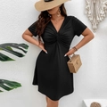 Detail of a black V-neck short sleeve dress with twist front detail and accessories - 3XL / Black
