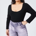 Close-up of black U-neck long sleeve bodysuit with vintage purple print trousers - 1XL / Black