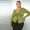 Slim fit olive green V-neck long sleeve blouse with front lace-up bows and flared cuffs - 3XL / Light Green