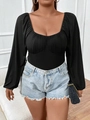 Detail of black long sleeve square neck bodysuit with elegant ruched bust and puff sleeves - 1XL / Black